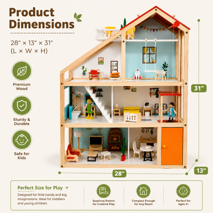 Little Teekies Wooden Dollhouse with Dolls & Furniture