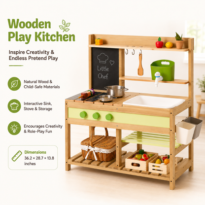 Little Teekie Wooden Mud Kitchen Playset with Sink and Accessories
