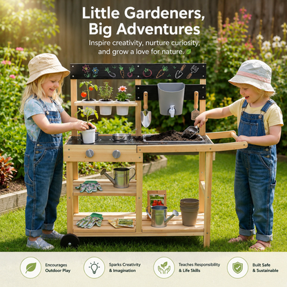 Little Teekie Wooden Outdoor Mud Kitchen Play Set with Wheels