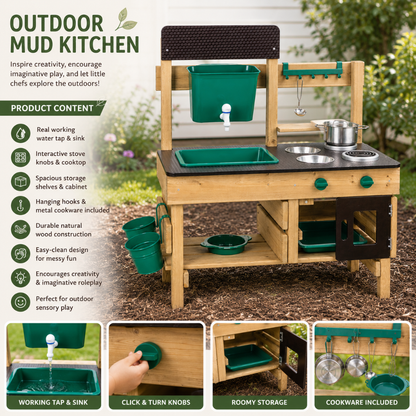 Little Teekie Outdoor Wooden Mud Kitchen Playset with Accessories