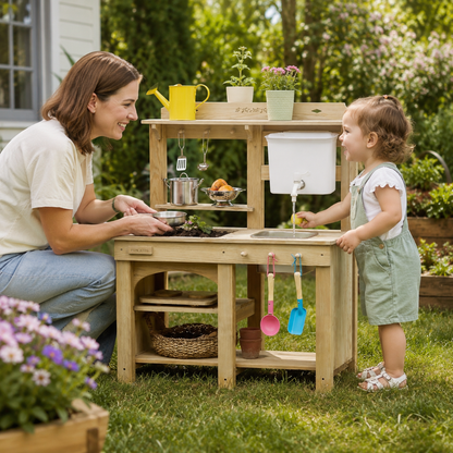 Little Teekie Wooden Mud Kitchen Playset with Water Tank and Storage
