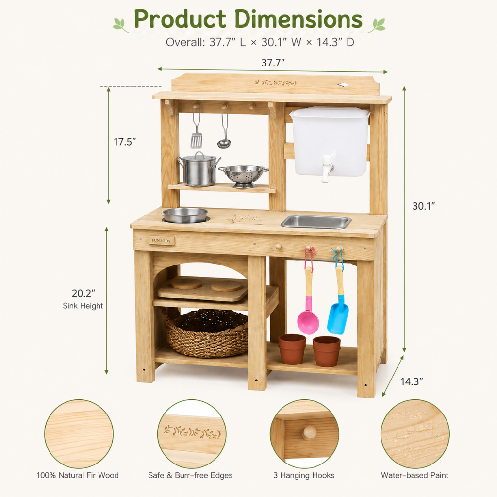 Little Teekie Wooden Mud Kitchen Playset with Water Tank and Storage