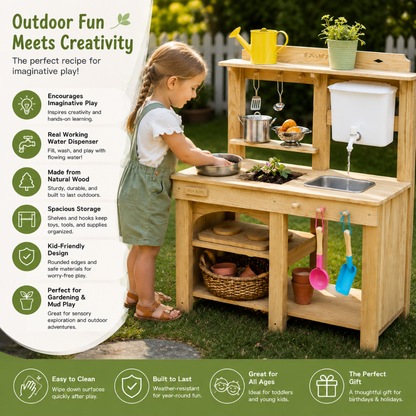 Little Teekie Wooden Mud Kitchen Playset with Water Tank and Storage