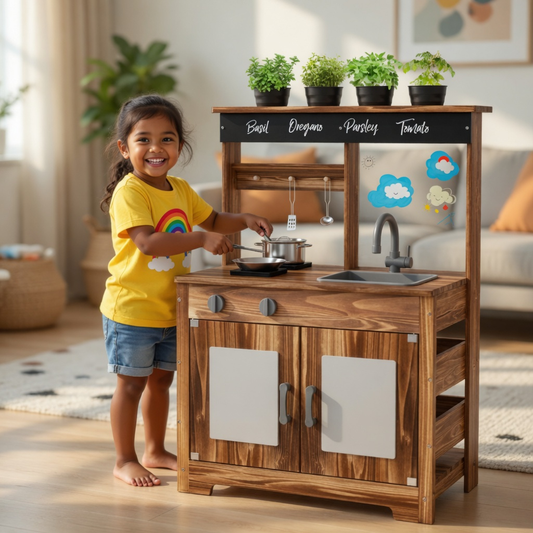 Little Teekie Wooden Mud Kitchen Playset with Sink & Plant Shelf