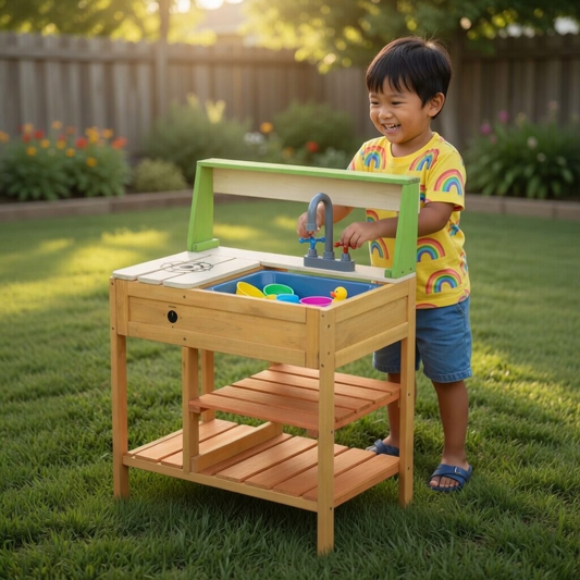 Little Teekie Wooden Mud Kitchen Playset with Sink & Storage Shelf