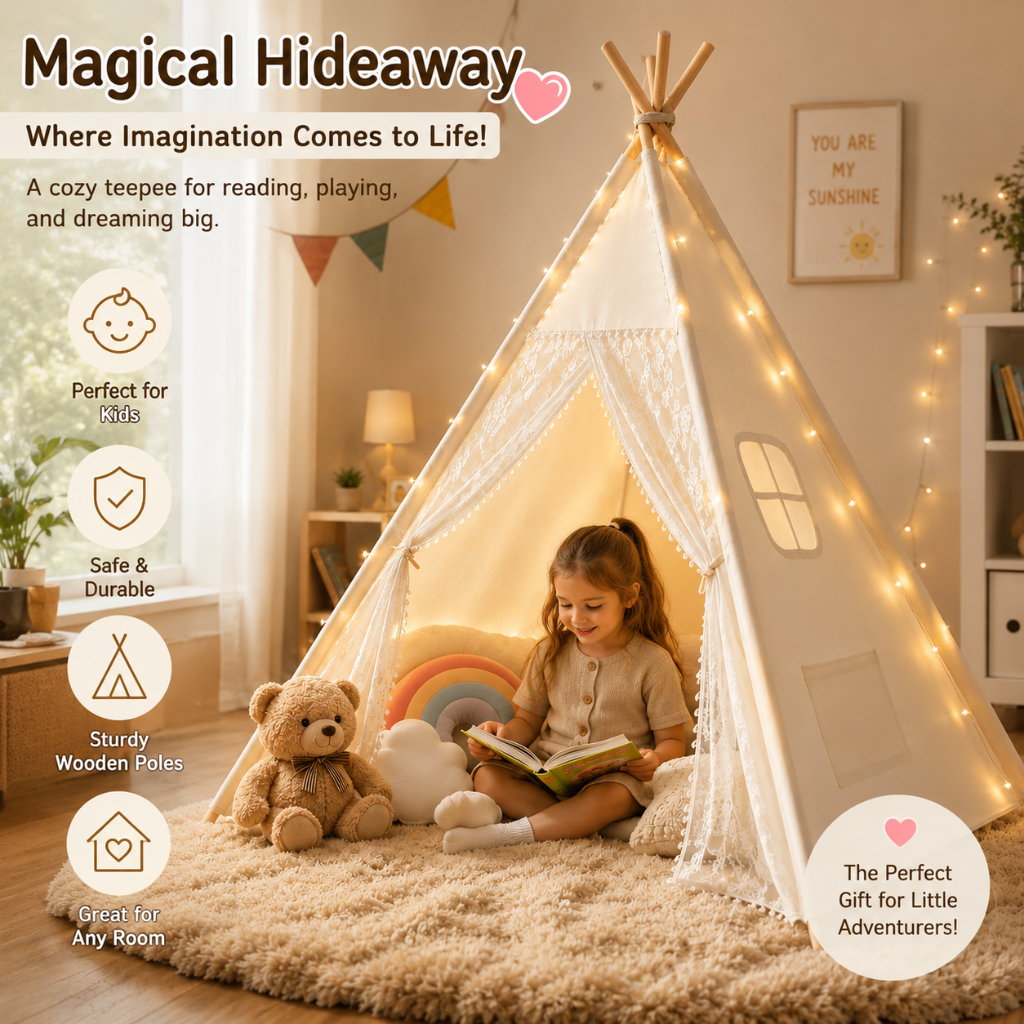 Little Teekie Kids Foldable Teepee Tent with Lights for Girls Indoor