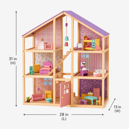 Little Teekie Purple Wooden Dollhouse Playset with Family Figures