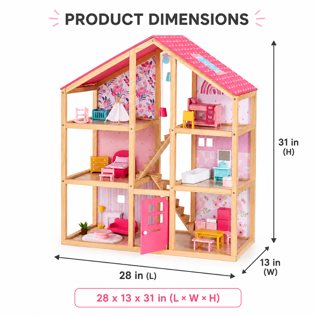 Little Teekie Pink Wooden Dollhouse Playset with Family Figures