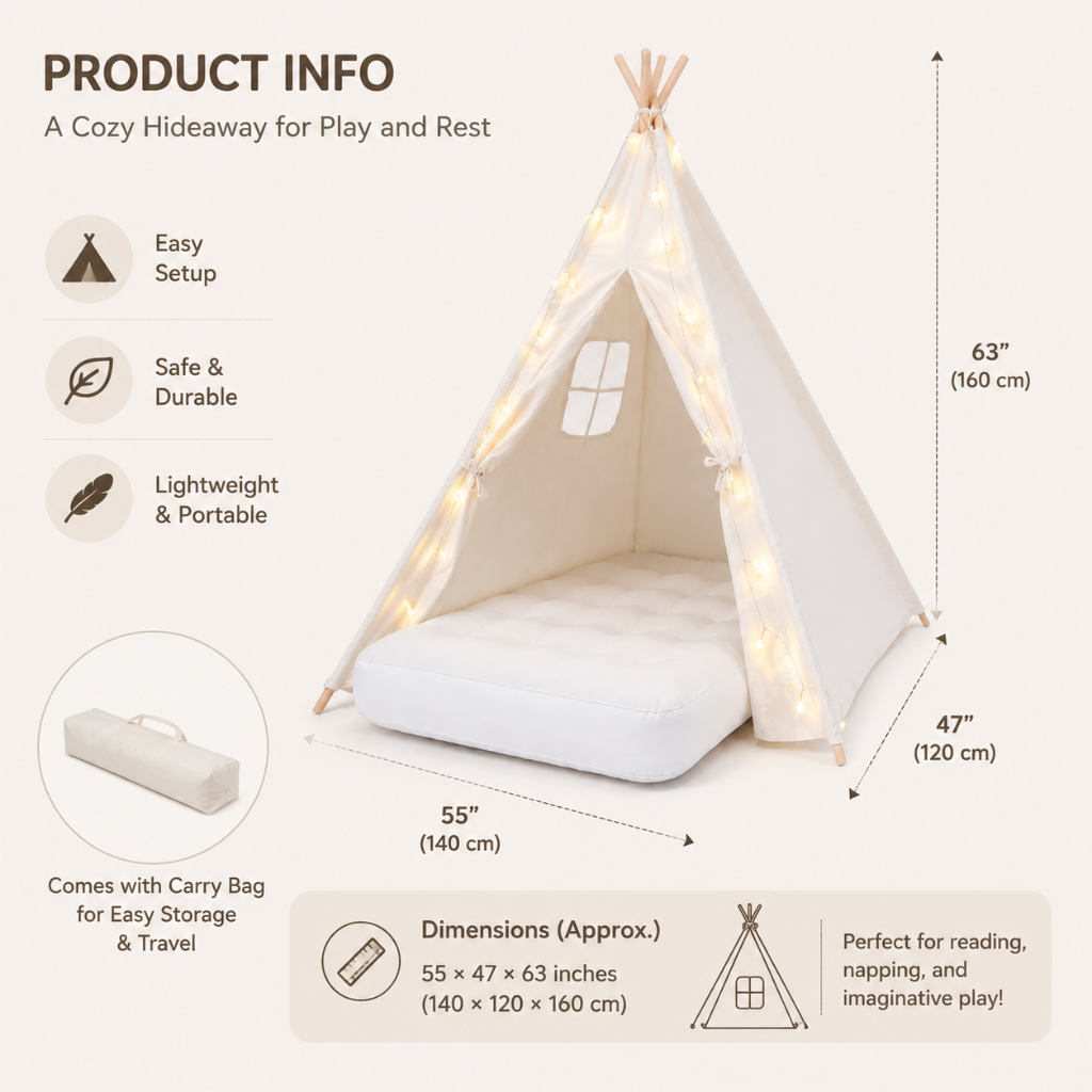 Little Teekie Teepee Tent for Kids [Thickened] with Light String and Inflatable Airbed