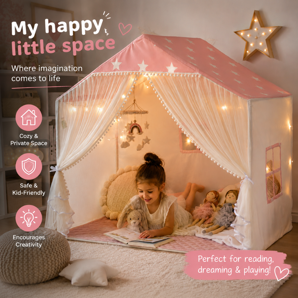 Little Teekie Pink Star Kids Play Tent with Padded Mat & Lights