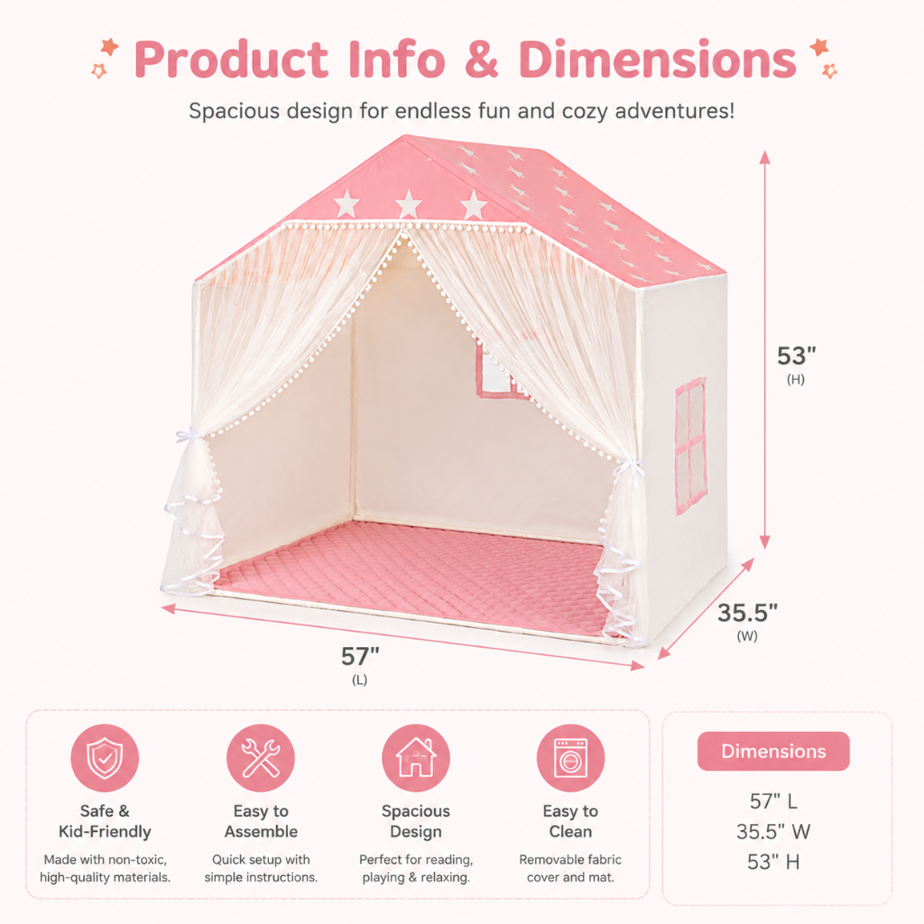 Little Teekie Pink Star Kids Play Tent with Padded Mat & Lights
