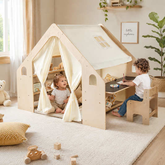 Little Teekie Wooden Kids Playhouse Tent with Storage & Table Set