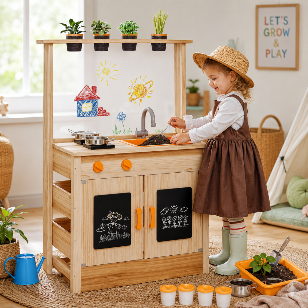 Little Teekie Wooden Mud Kitchen Play Set with Storage Cabinet & Sink