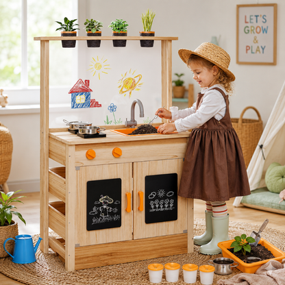 Little Teekie Wooden Mud Kitchen Play Set with Storage Cabinet & Sink
