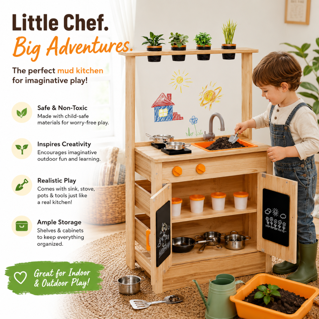 Little Teekie Wooden Mud Kitchen Play Set with Storage Cabinet & Sink