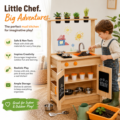 Little Teekie Wooden Mud Kitchen Play Set with Storage Cabinet & Sink