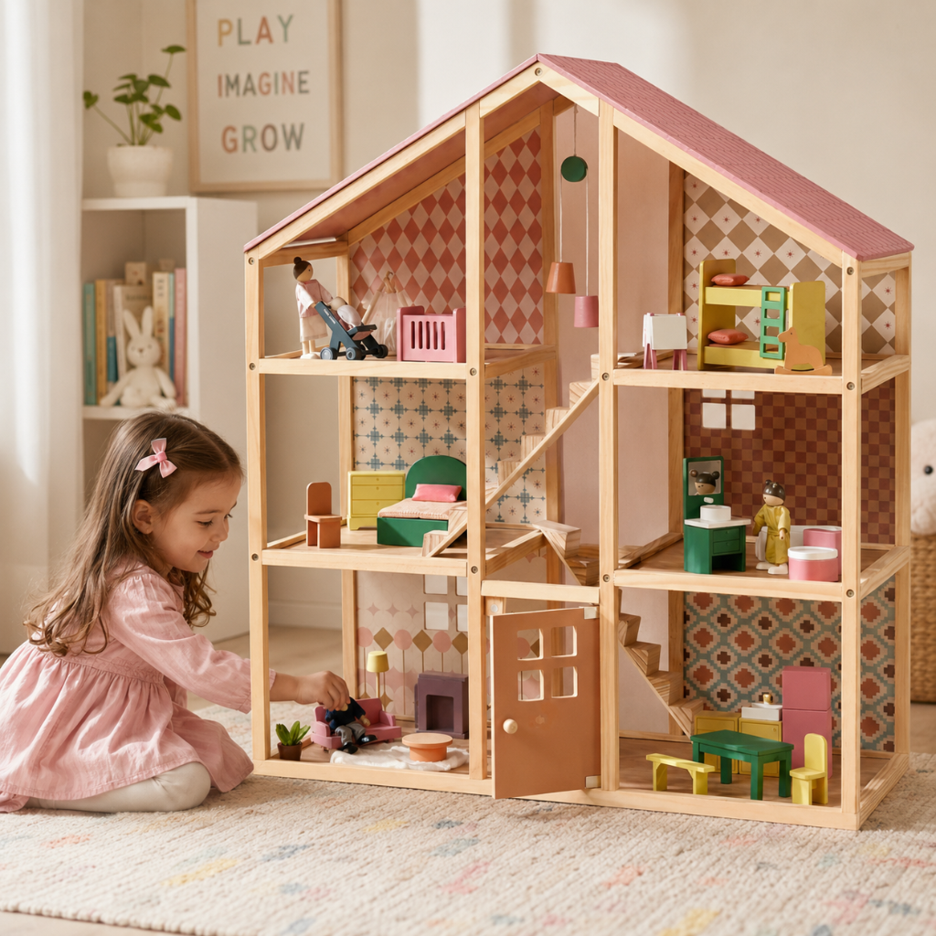 Little Teekie Wooden Dollhouse Playset with Family Figures