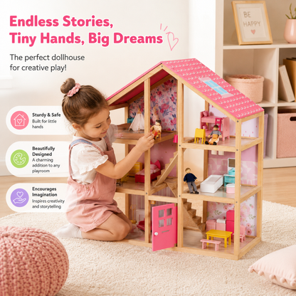 Little Teekie Pink Wooden Dollhouse Playset with Family Figures