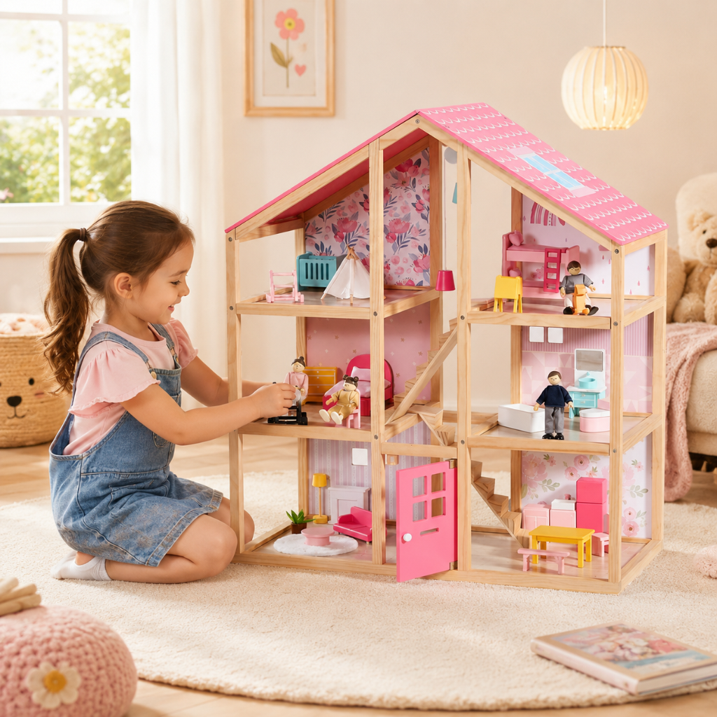 Little Teekie Pink Wooden Dollhouse Playset with Family Figures