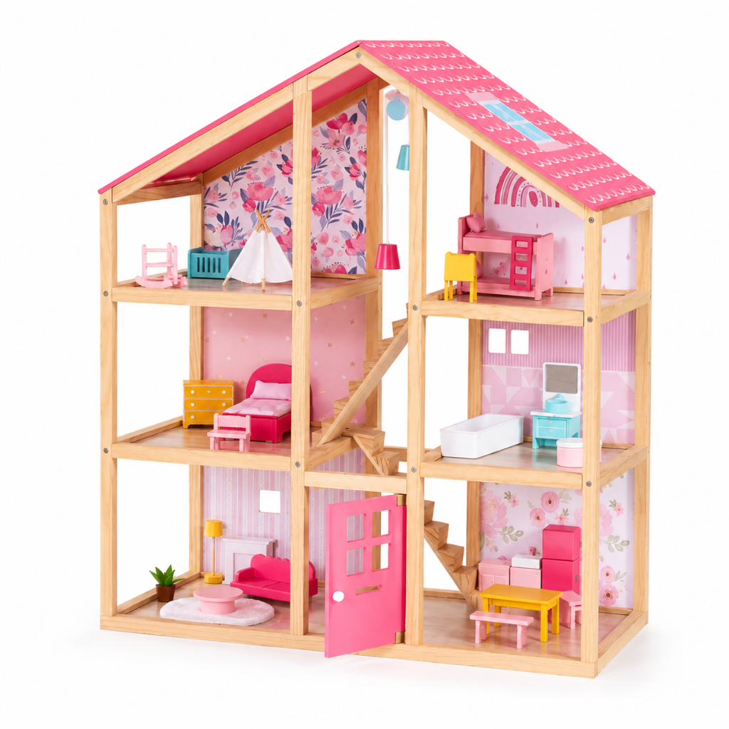 Little Teekie Pink Wooden Dollhouse Playset with Family Figures