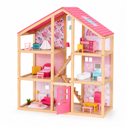 Little Teekie Pink Wooden Dollhouse Playset with Family Figures