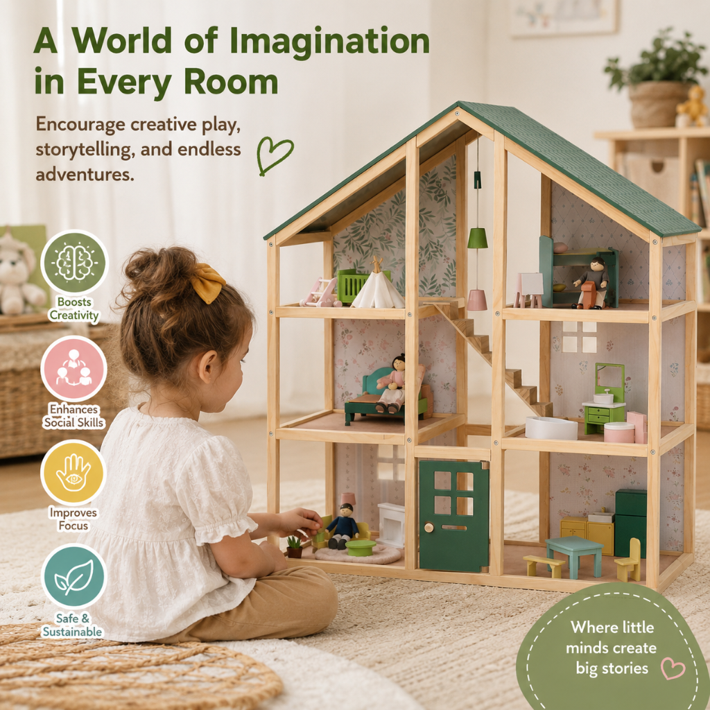 Little Teekie Wooden Dollhouse Playset with Family Figures