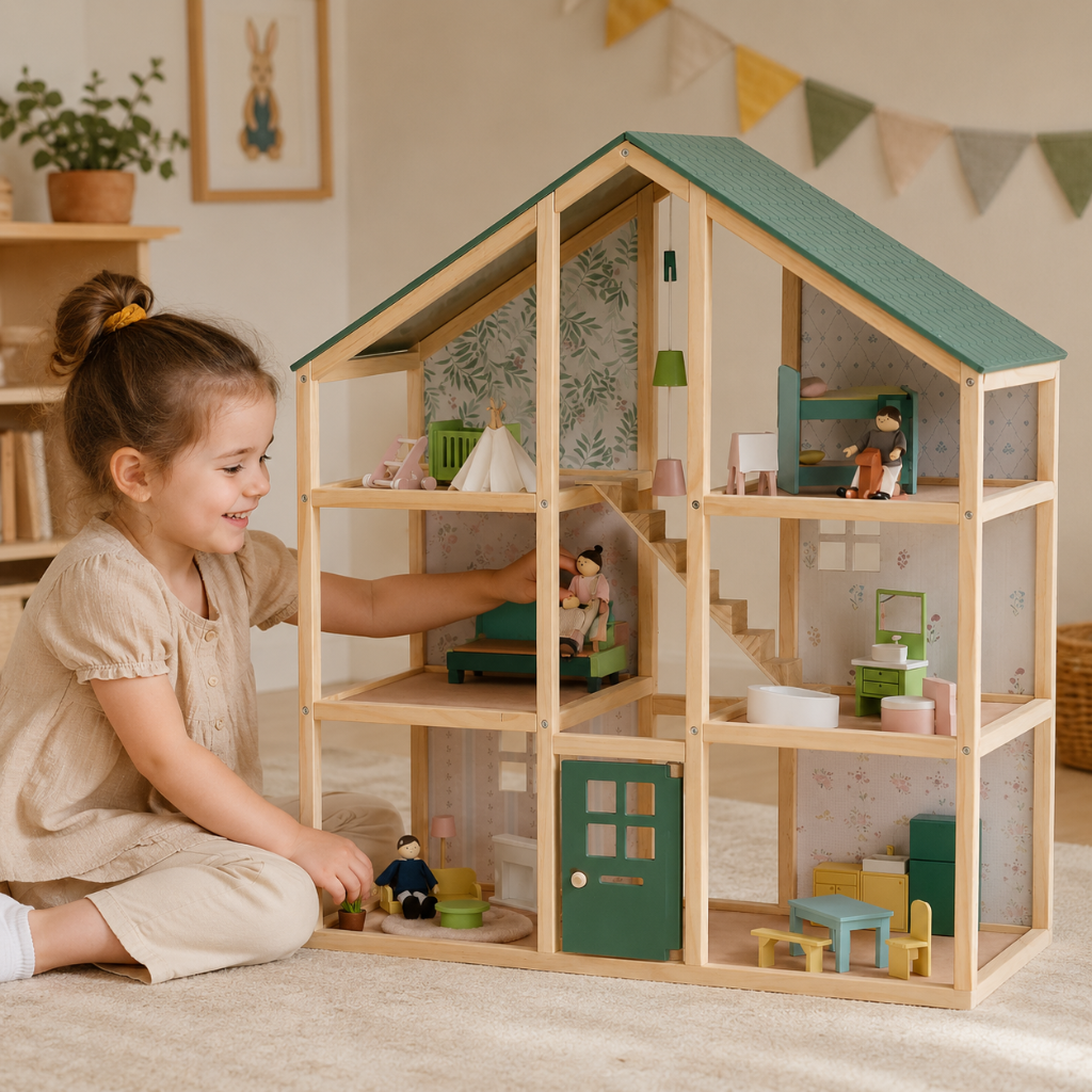 Little Teekie Wooden Dollhouse Playset with Family Figures