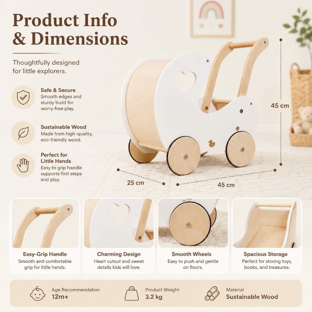 Little Teekie Wooden Baby Walker Doll Pram
