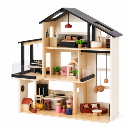 Little Teekies Modern Wooden Dollhouse with Furniture & 7 Rooms