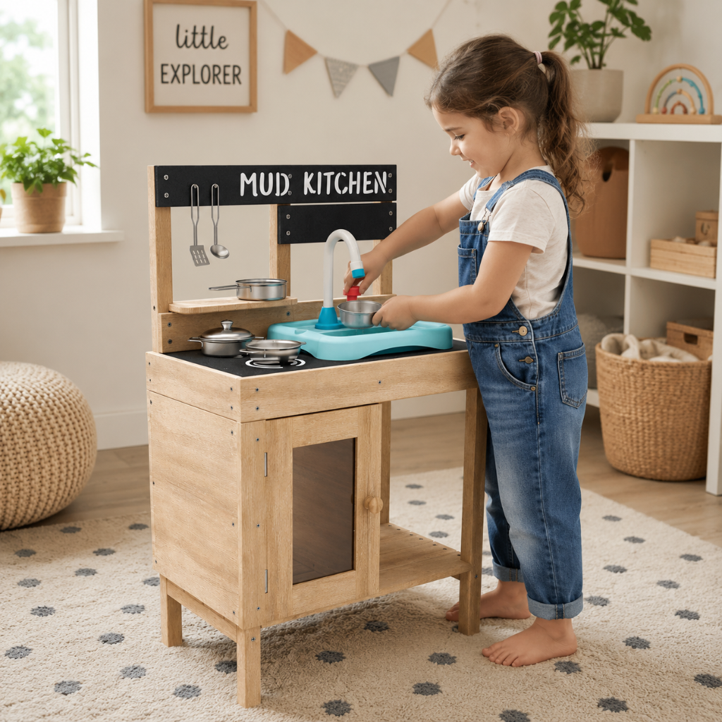 Little Teekie Wooden Mud Play Kitchen with Sink and Chalkboard