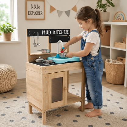 Little Teekie Wooden Mud Play Kitchen with Sink and Chalkboard