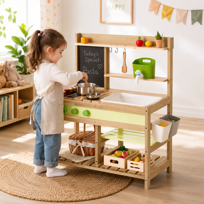 Little Teekie Wooden Mud Kitchen Playset with Sink and Accessories