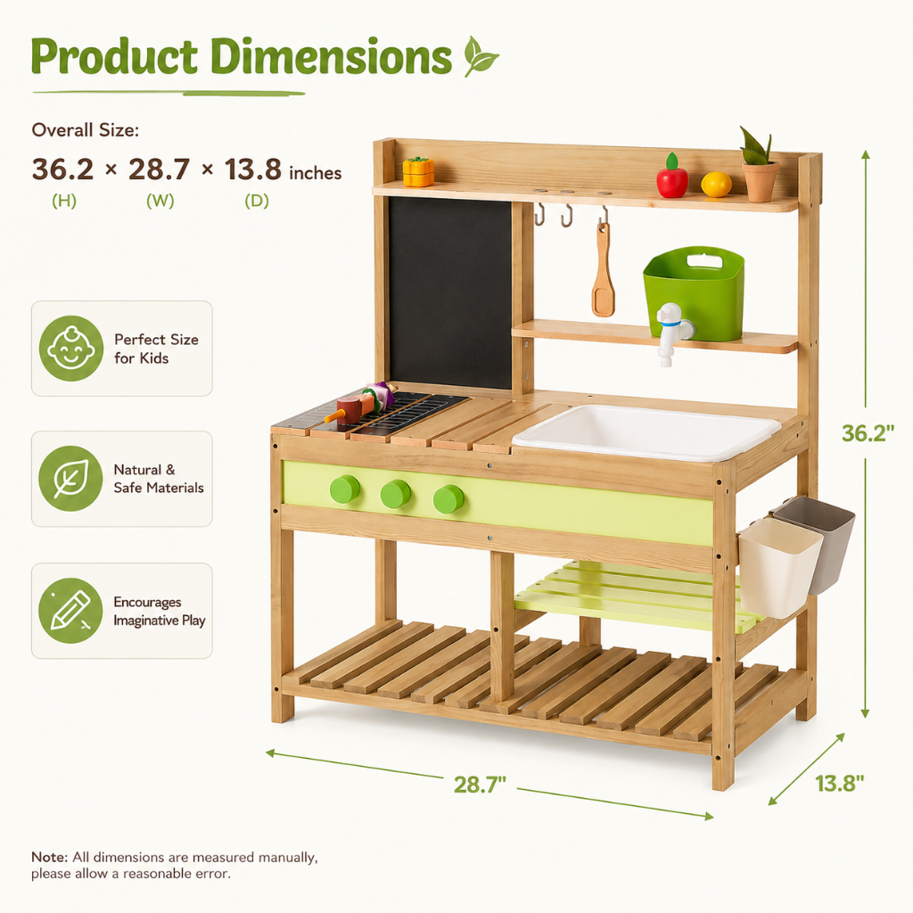 Little Teekie Wooden Mud Kitchen Playset with Sink and Accessories