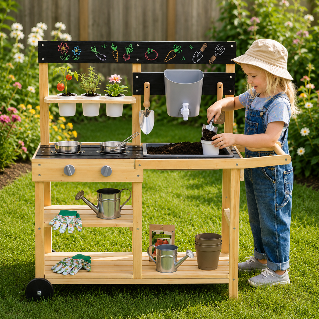 Little Teekie Wooden Outdoor Mud Kitchen Play Set with Wheels