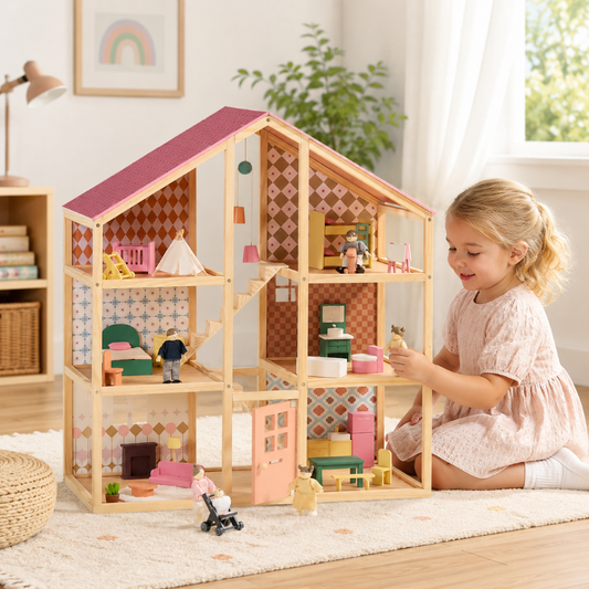 Little Teekies Wooden Dollhouse with Dolls & Furniture