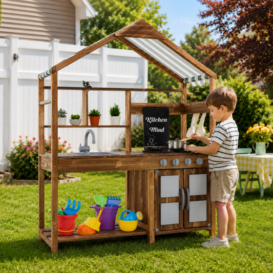 Little Teekie Wooden Outdoor Mud Kitchen Playset with Canopy & Storage