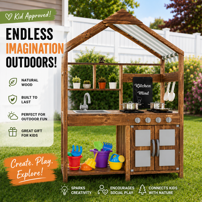 Little Teekie Wooden Outdoor Mud Kitchen Playset with Canopy & Storage