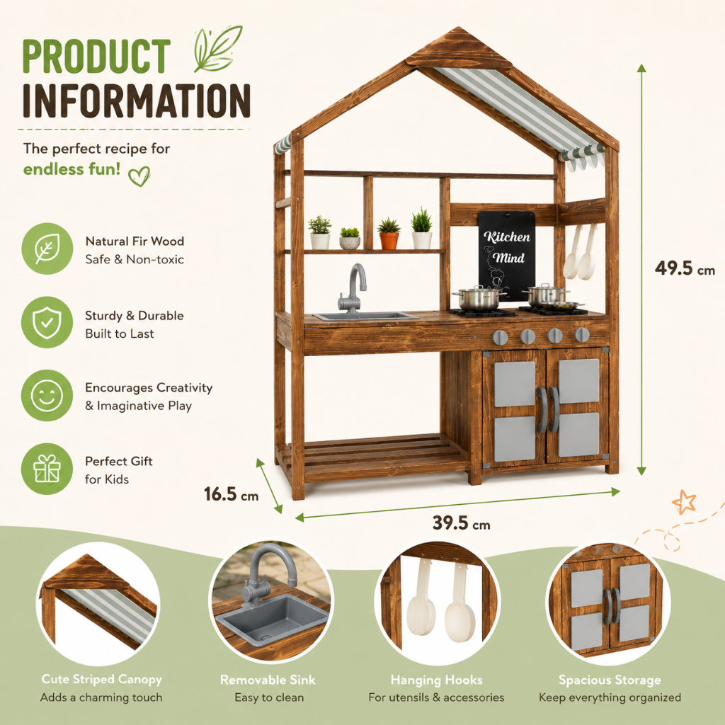 Little Teekie Wooden Outdoor Mud Kitchen Playset with Canopy & Storage