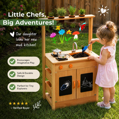 Little Teekie Wooden Mud Kitchen Playset with Sink & Plant Pots