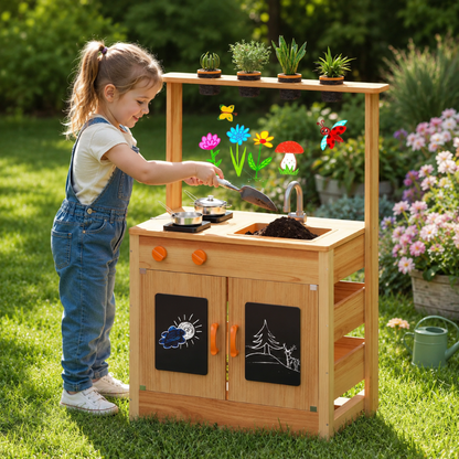 Little Teekie Wooden Mud Kitchen Playset with Sink & Plant Pots