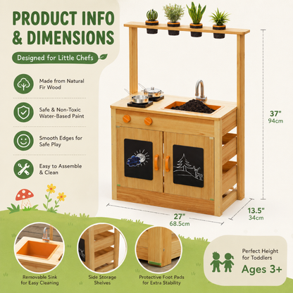 Little Teekie Wooden Mud Kitchen Playset with Sink & Plant Pots
