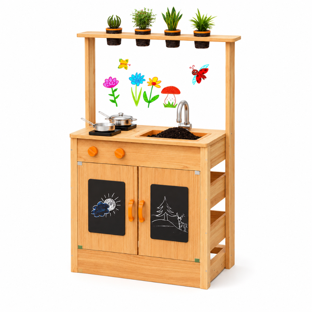 Little Teekie Wooden Mud Kitchen Playset with Sink & Plant Pots