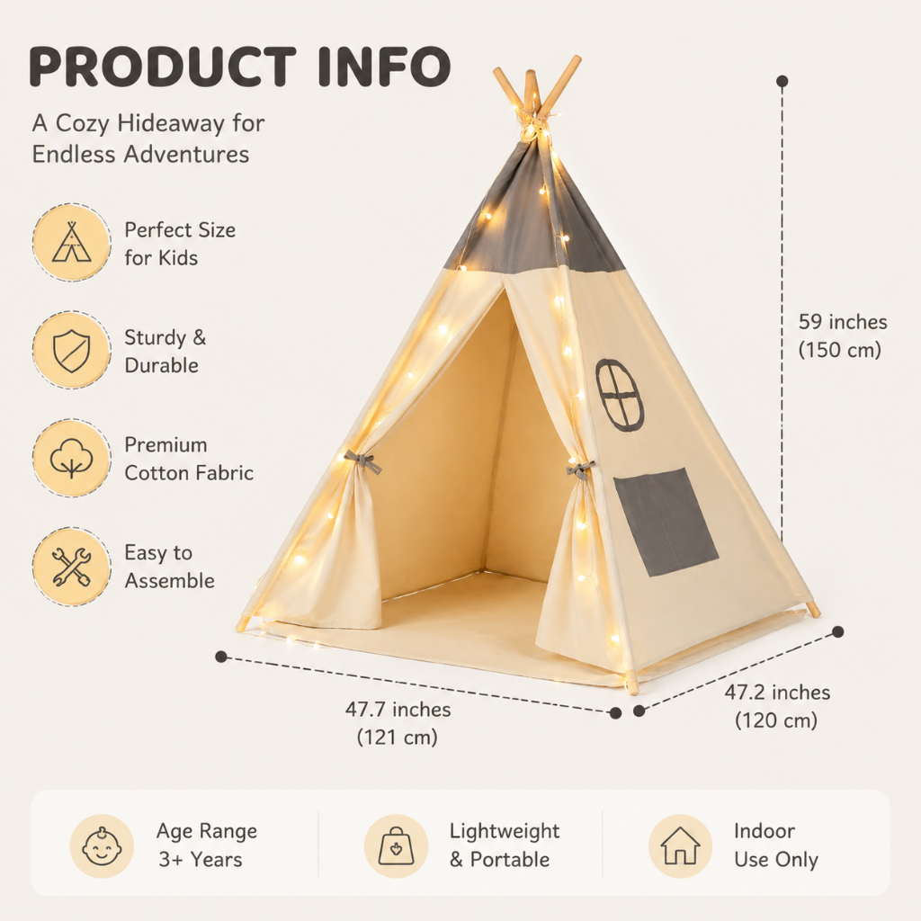 Little Teekie Kids Teepee Tent with Lights and Play Mat