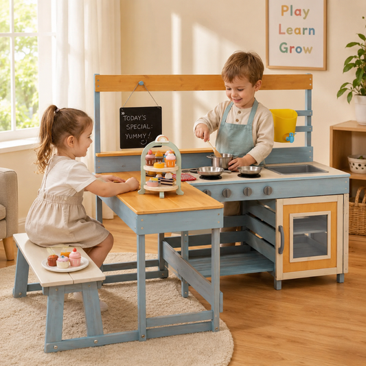 Little Teekie 2-in-1 Wooden Mud Kitchen Play Set with Dining Table