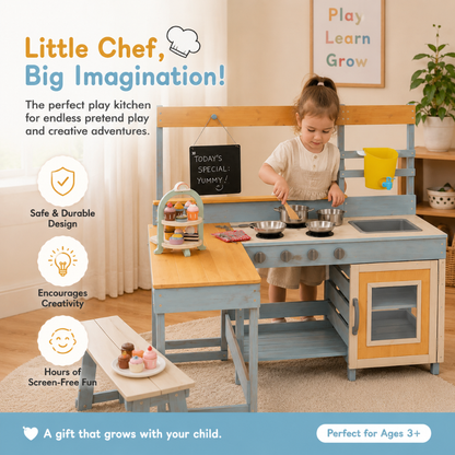Little Teekie 2-in-1 Wooden Mud Kitchen Play Set with Dining Table
