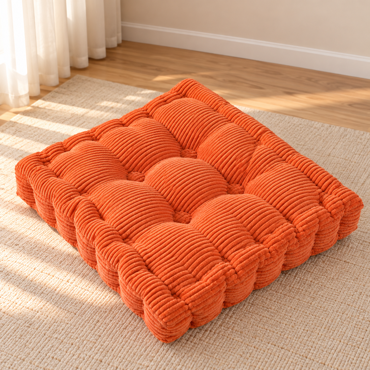 Little Teekie Corduroy Tufted Floor Cushion | Kids Floor Pillow 60cm, Filled – Orange