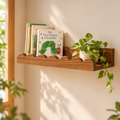 Little Teekie Scalloped Floating Wall Shelf | 58x 11 x 4 cm Plywood – Walnut