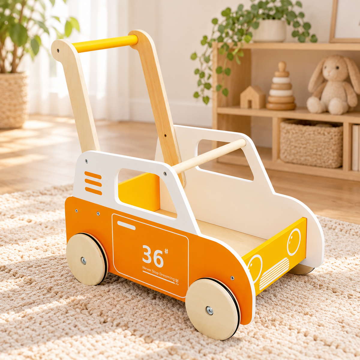 Little Teekie Wooden Push Taxi Walker | 100% Birchwood, Storage Box – Yellow