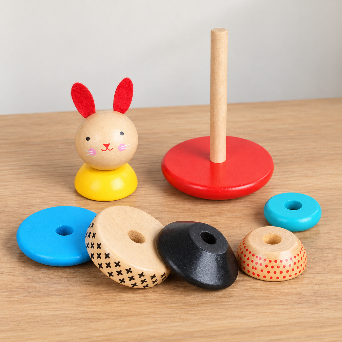 Little Teekie Personalised Bunny Stacker Toy | Wooden Stacking Rings with Engraved Name – Red