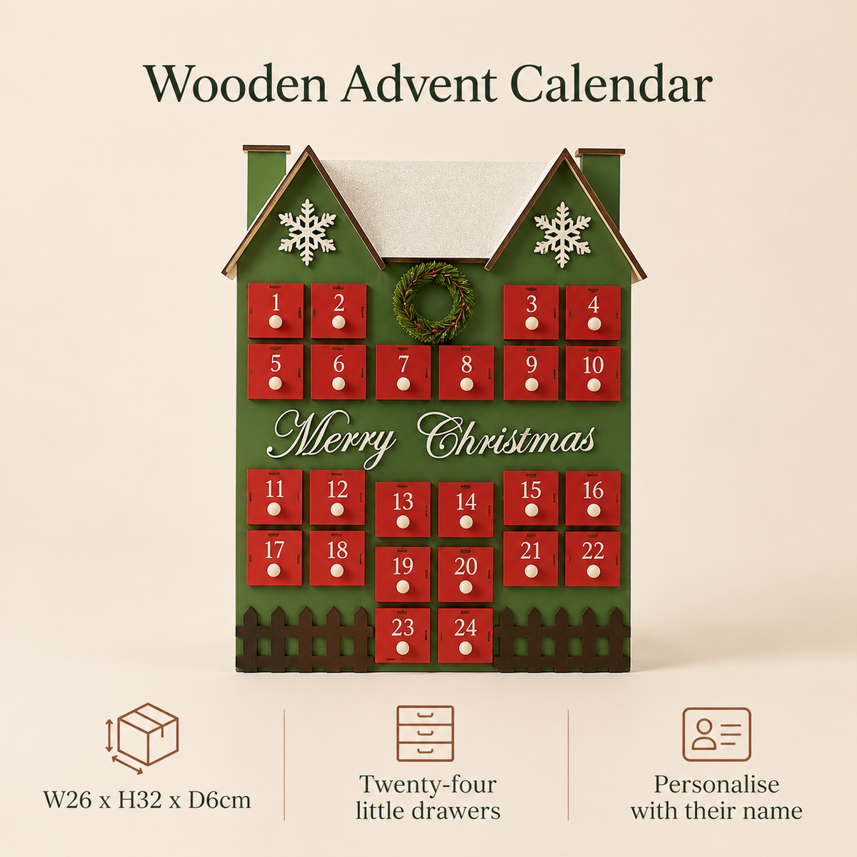 Little Teekie Personalised Advent Calendar House | 24 Drawers, W26 x H32 x D6cm – Red & Green